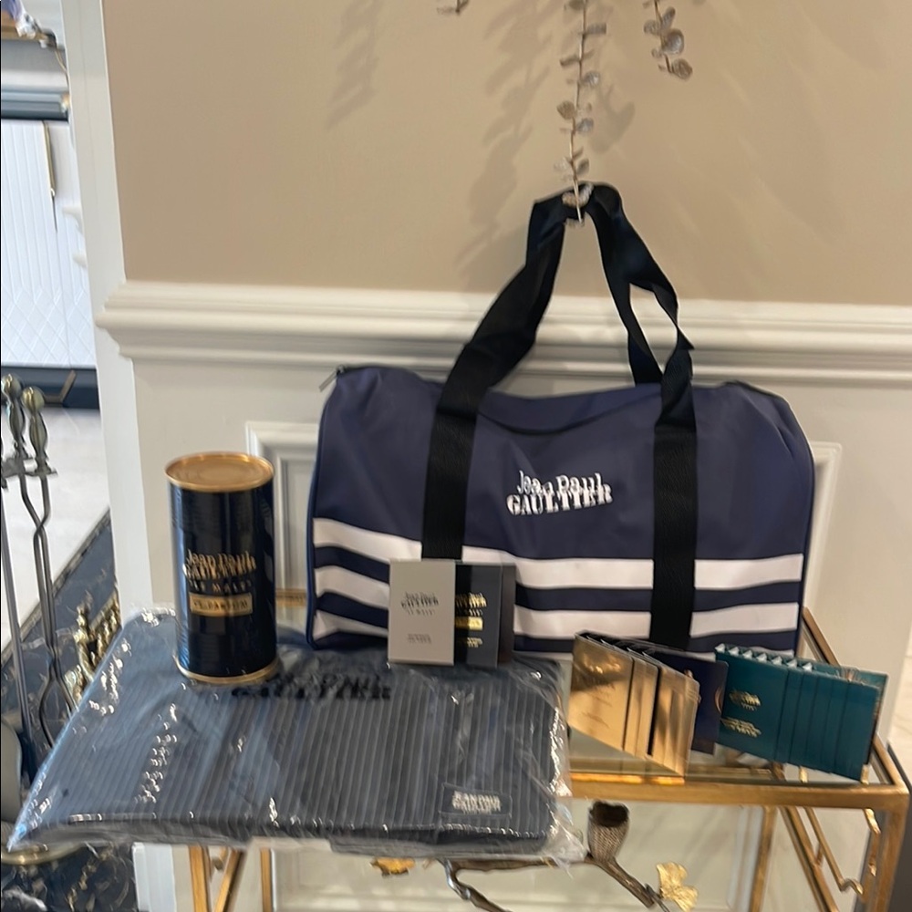 Jean Paul Gaultier Navy and White Duffel Bag